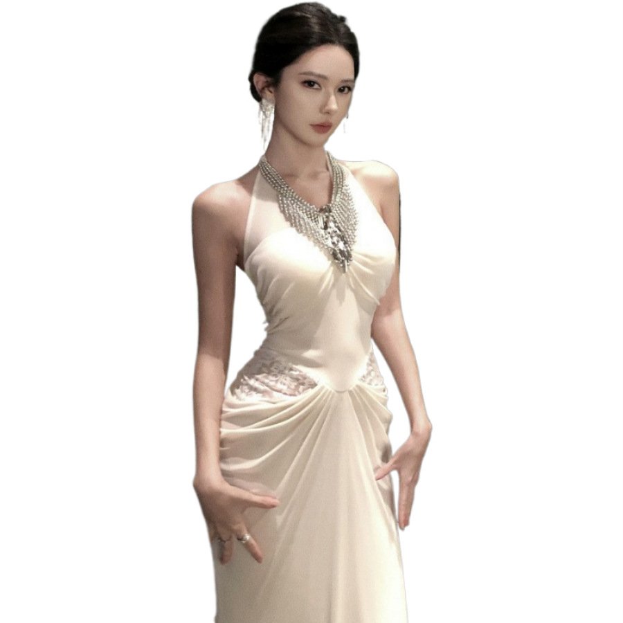 Heavy Beaded Halter Neck Dress Women's Autumn Lace Splicing Long Skirt | 1129 - Image 5