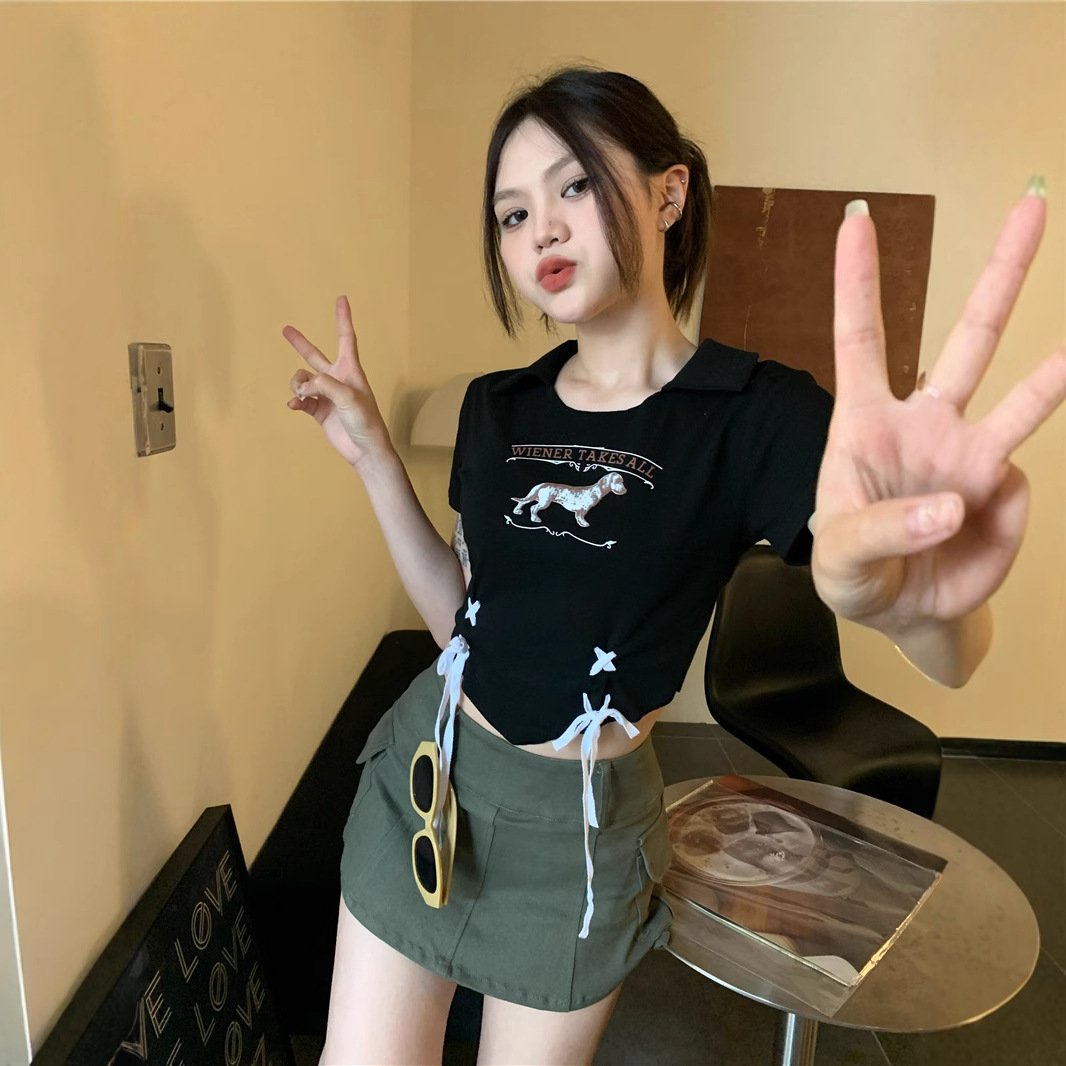 versatile letter print puppy pullover drawstring cropped crop top shirt tide | 9007 - Image 5