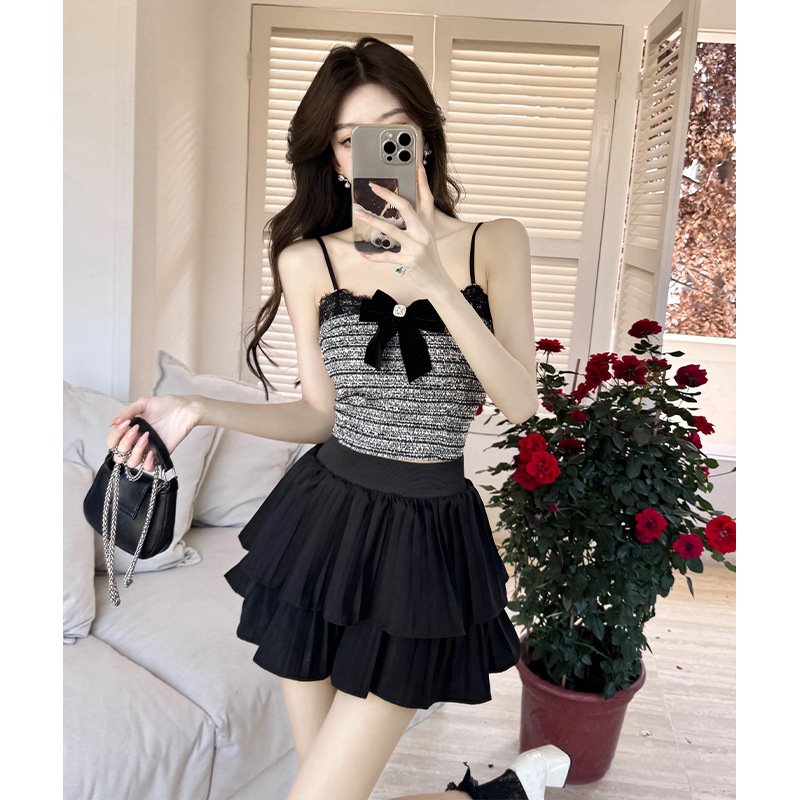 wind bow camisole top women's hakama dress fashion design sense two-piece set | 8019 - Image 3