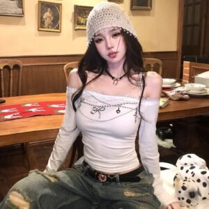 women's long sleeve slim cropped top white black | 9017