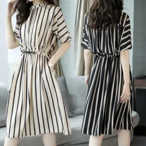 waist temperament fashion casual loose mid-length vertical stripe dress | 1145