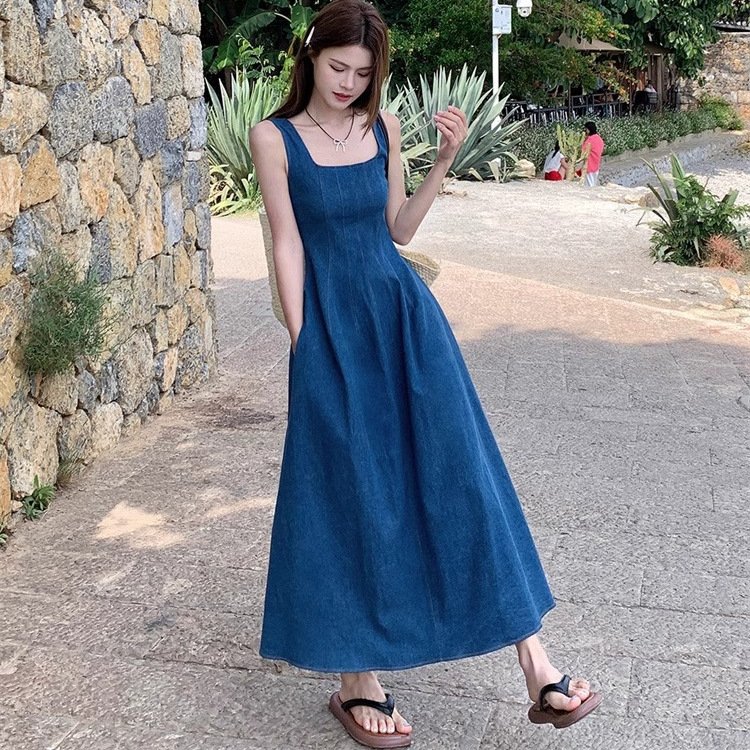 Blue Mist Love: French Denim Dress, Women's Summer, Niche Design, Cinched Waist Temperament, Slip Long Skirt | 1136 - Image 3