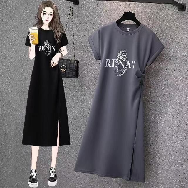 Casual mid-length slit slim slim short sleeve t-shirt skirt | 1179 - Image 3