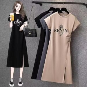 Casual mid-length slit slim slim short sleeve t-shirt skirt | 1179