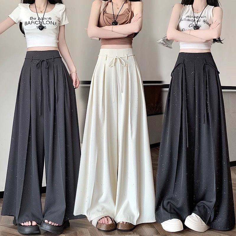 draped high-waisted slim wide-leg culottes mop pants | 1146 - Image 3