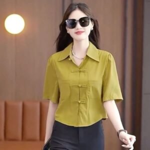 loose solid color shirt temperament short sleeves cover belly button top ladies shirt | 1171