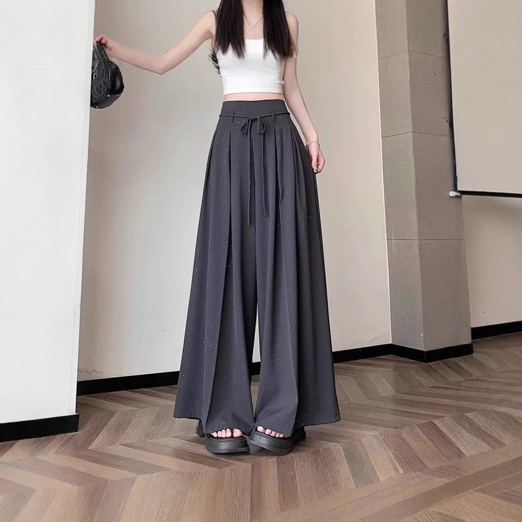 draped high-waisted slim wide-leg culottes mop pants | 1146 - Image 4