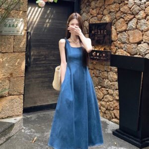 Blue Mist Love: French Denim Dress, Women's Summer, Niche Design, Cinched Waist Temperament, Slip Long Skirt | 1136