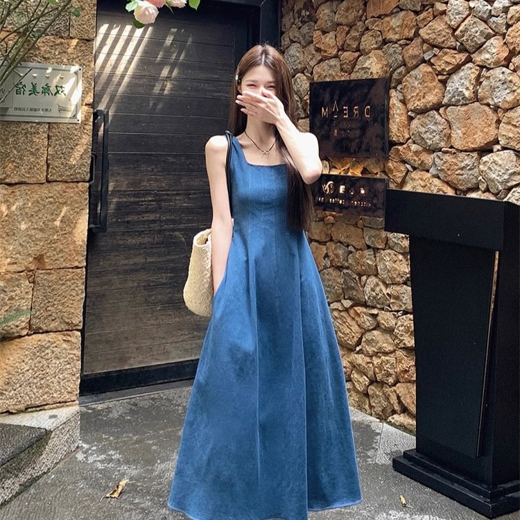 Blue Mist Love: French Denim Dress, Women's Summer, Niche Design, Cinched Waist Temperament, Slip Long Skirt | 1136
