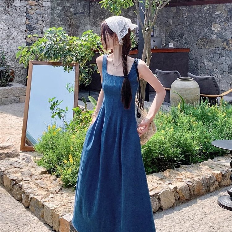 Blue Mist Love: French Denim Dress, Women's Summer, Niche Design, Cinched Waist Temperament, Slip Long Skirt | 1136 - Image 5