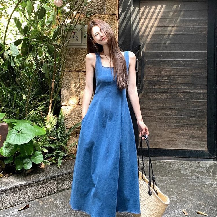 Blue Mist Love: French Denim Dress, Women's Summer, Niche Design, Cinched Waist Temperament, Slip Long Skirt | 1136 - Image 2