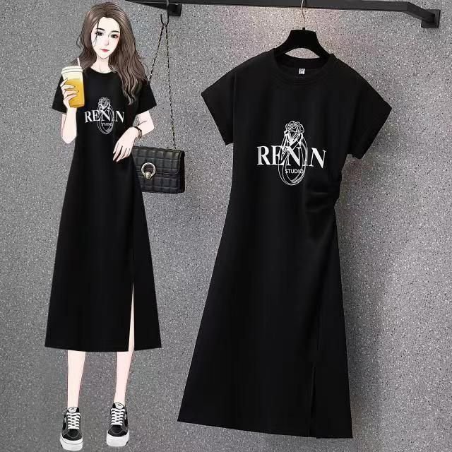 Casual mid-length slit slim slim short sleeve t-shirt skirt | 1179 - Image 2