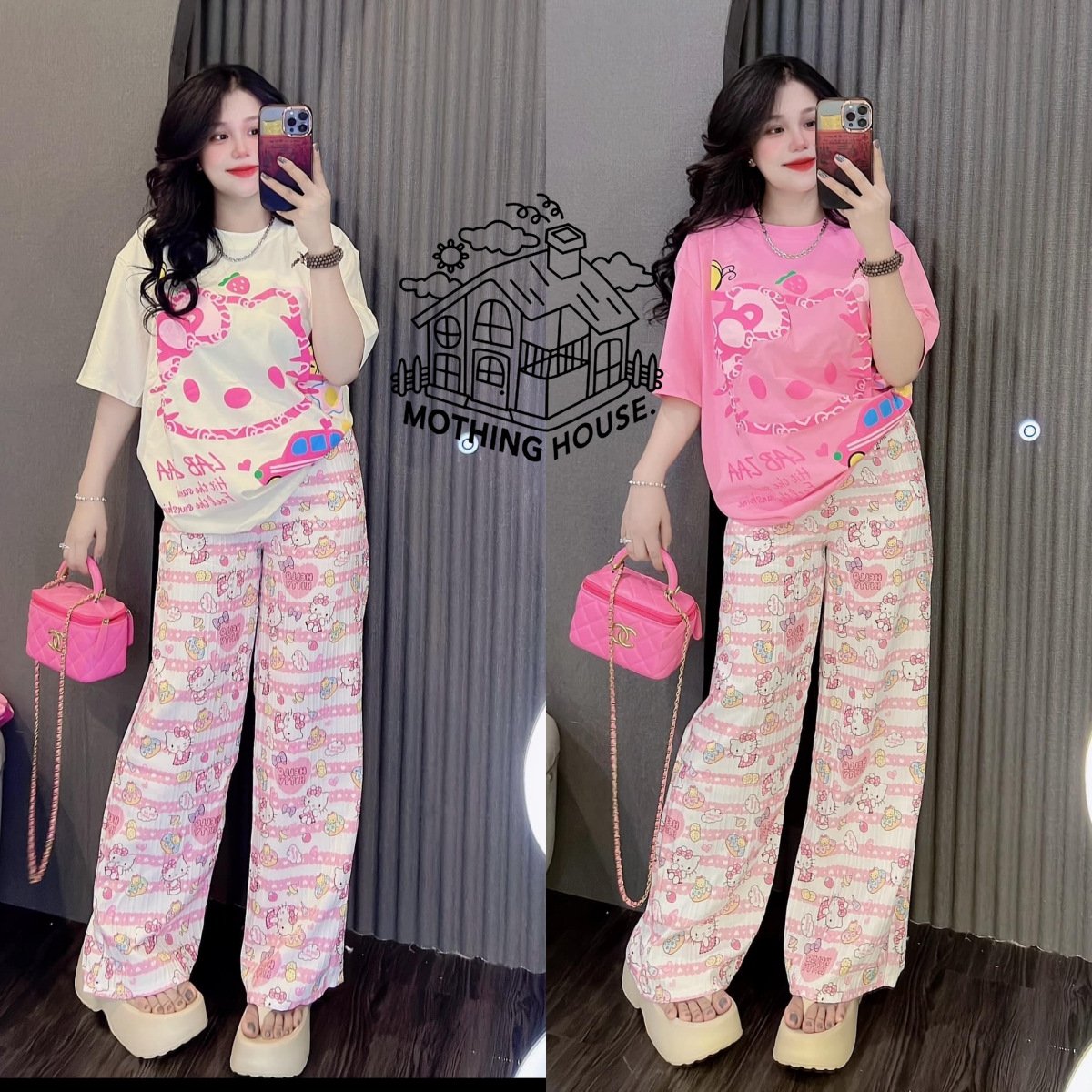 Kitty short-sleeved wide-leg pants printed two-piece suit | 1209