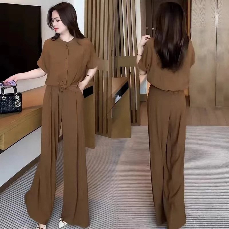 Short-sleeved Top Wide Leg Pants Slimming Two-piece Set | 1192