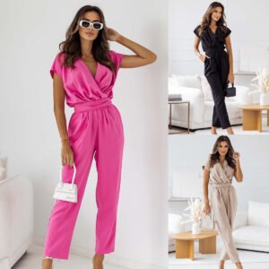 short sleeve trousers V-neck  thin jumpsuit commuting  | 1197