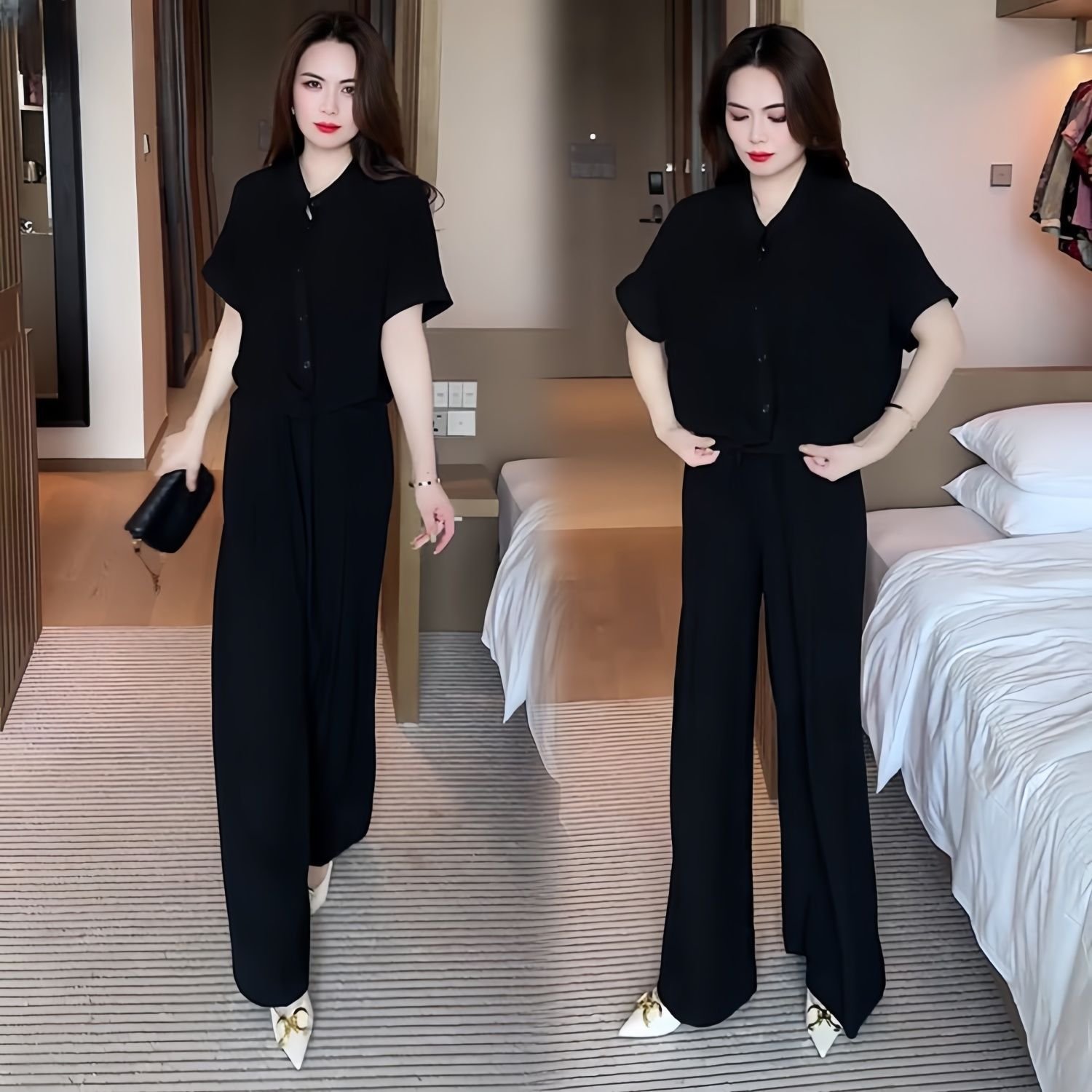 Short-sleeved Top Wide Leg Pants Slimming Two-piece Set | 1192 - Image 2