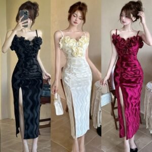 French temperament socialite sexy flower stitching long slit velvet suspenders dress | 1154