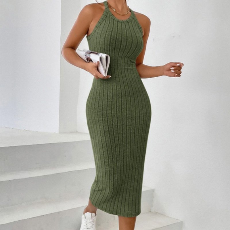 round neck solid color vest sleeveless halter dress | 1208